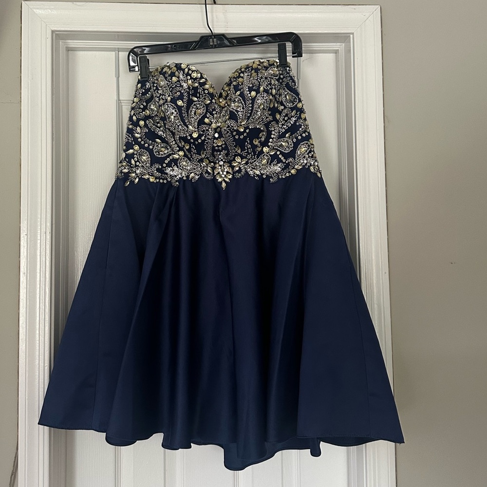 Elegant Navy Strapless Dress with Embellished Bodice